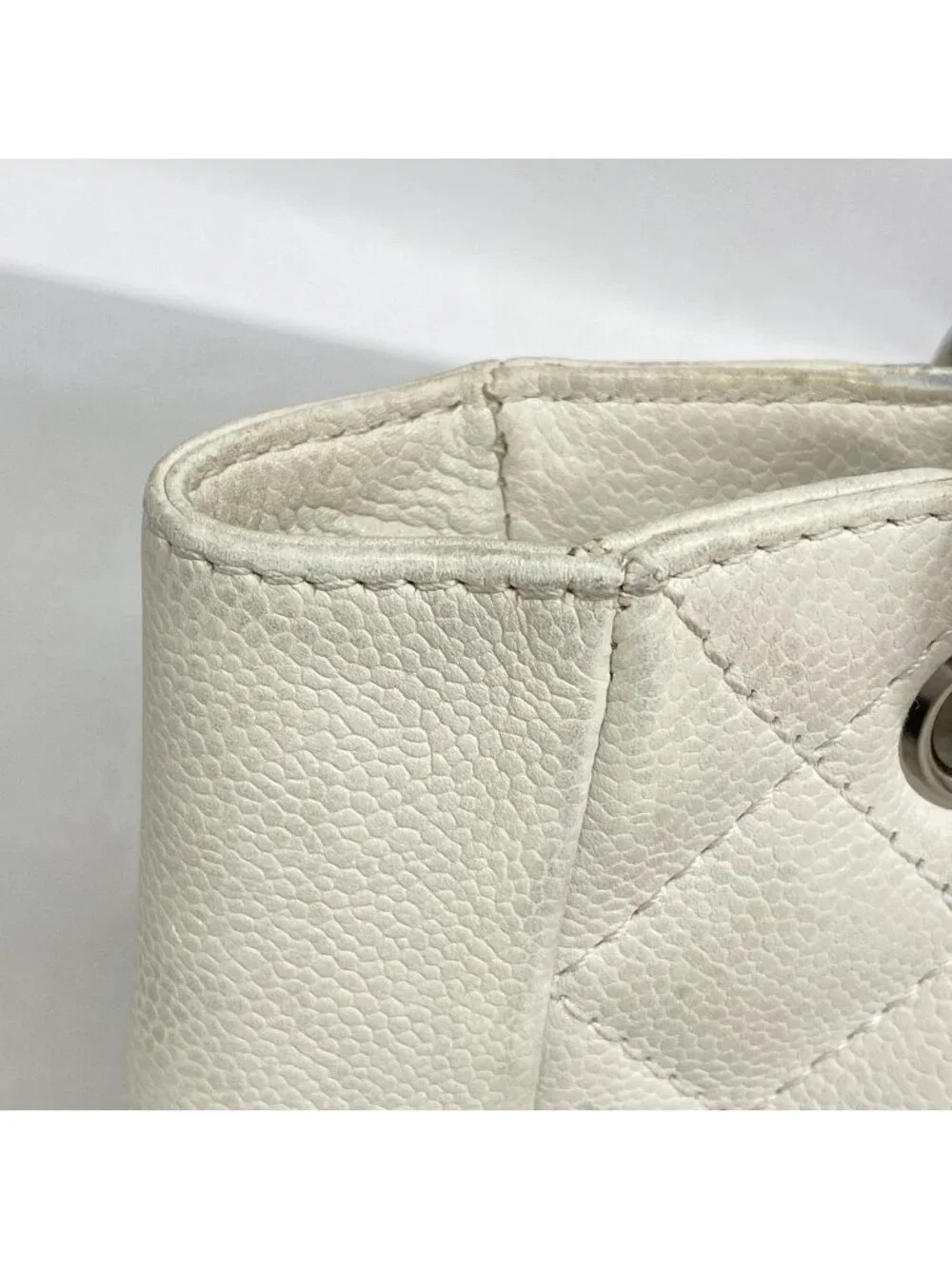 Chanel Shoulder Bag Quilted Caviar Leather White Silver